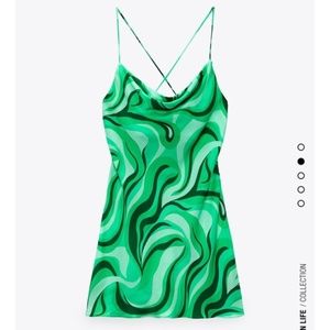 Zara Flowy Mini Swirl Green Satin Dress
